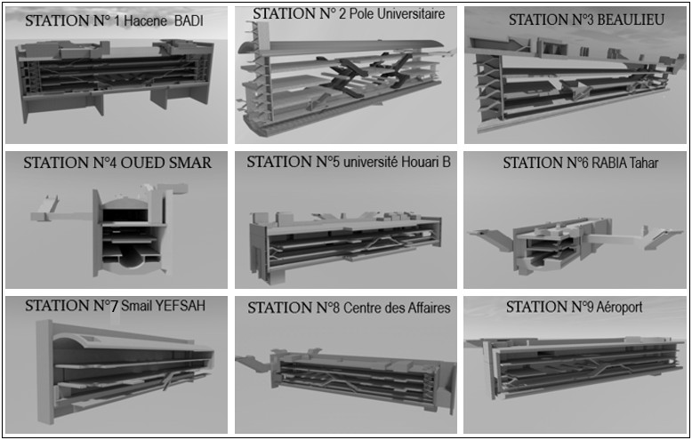 Les 9 stations de l'Extension E du métro d'Alger (source: Cosider M28)
